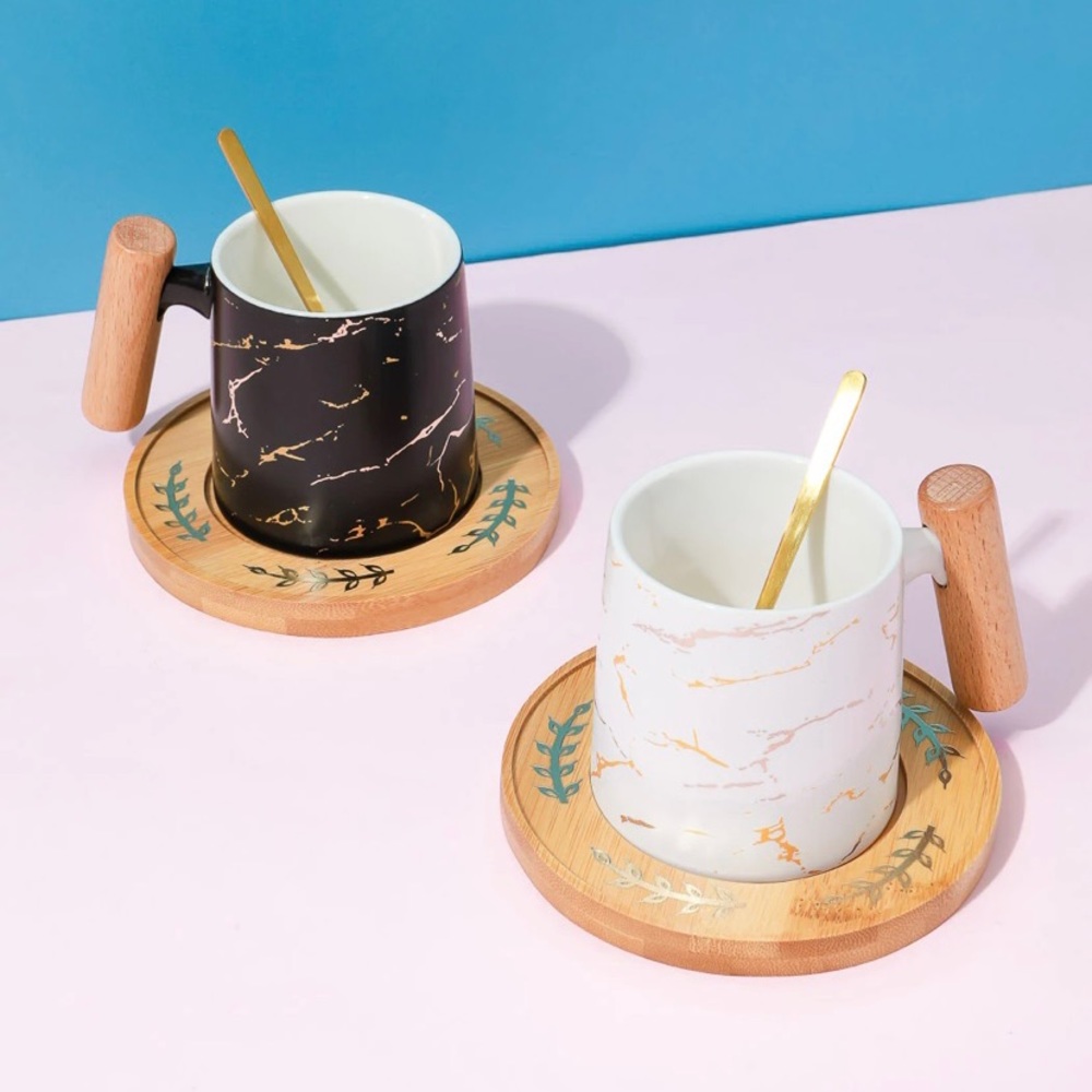 NWT marble strengthened porcelain mugs with spoon and coaster
